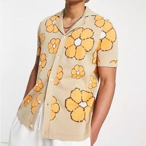 ASOS DESIGN knit polo T-shirt with floral pattern in mustard